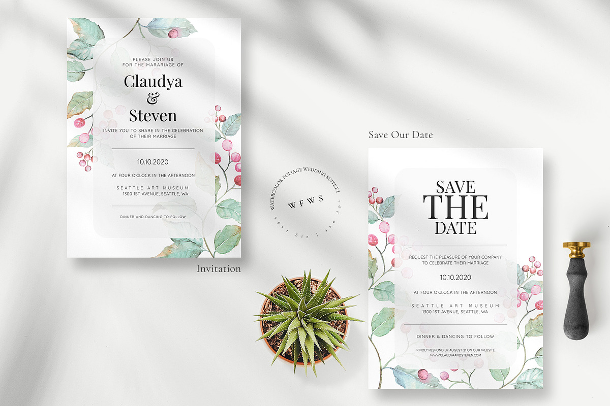 Watercolour Foliage Wedding Suite, an Invitation Template by Azka Creative (Photo 2 of 5)