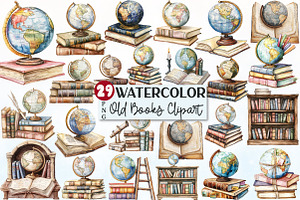 Old Globe on a Pile of Old Books Cli, a Seasonal Illustration by Rose Art