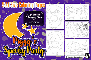 Piggy Spooky Party Coloring Pages, an Education Illustration by Cozy Cat Design