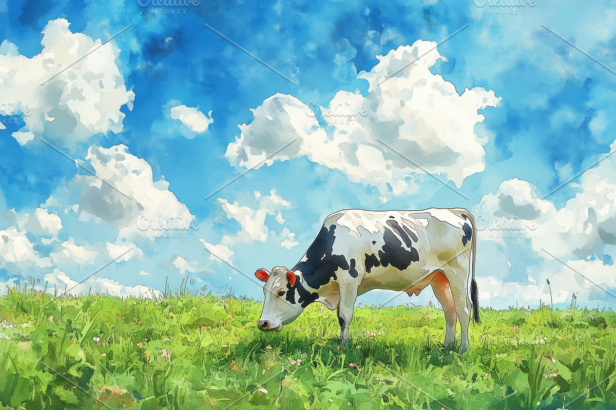 A serene landscape featuring a black and white cow grazing on lush green grass, an Animal Illustration by Textures & Backgrounds