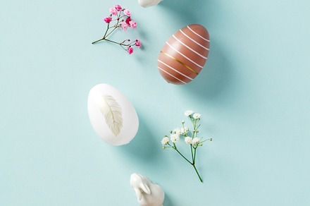Happy Easter composition, vertical banner. Decorative bunnies, colorful Easter, a Holiday Photo by photoguns