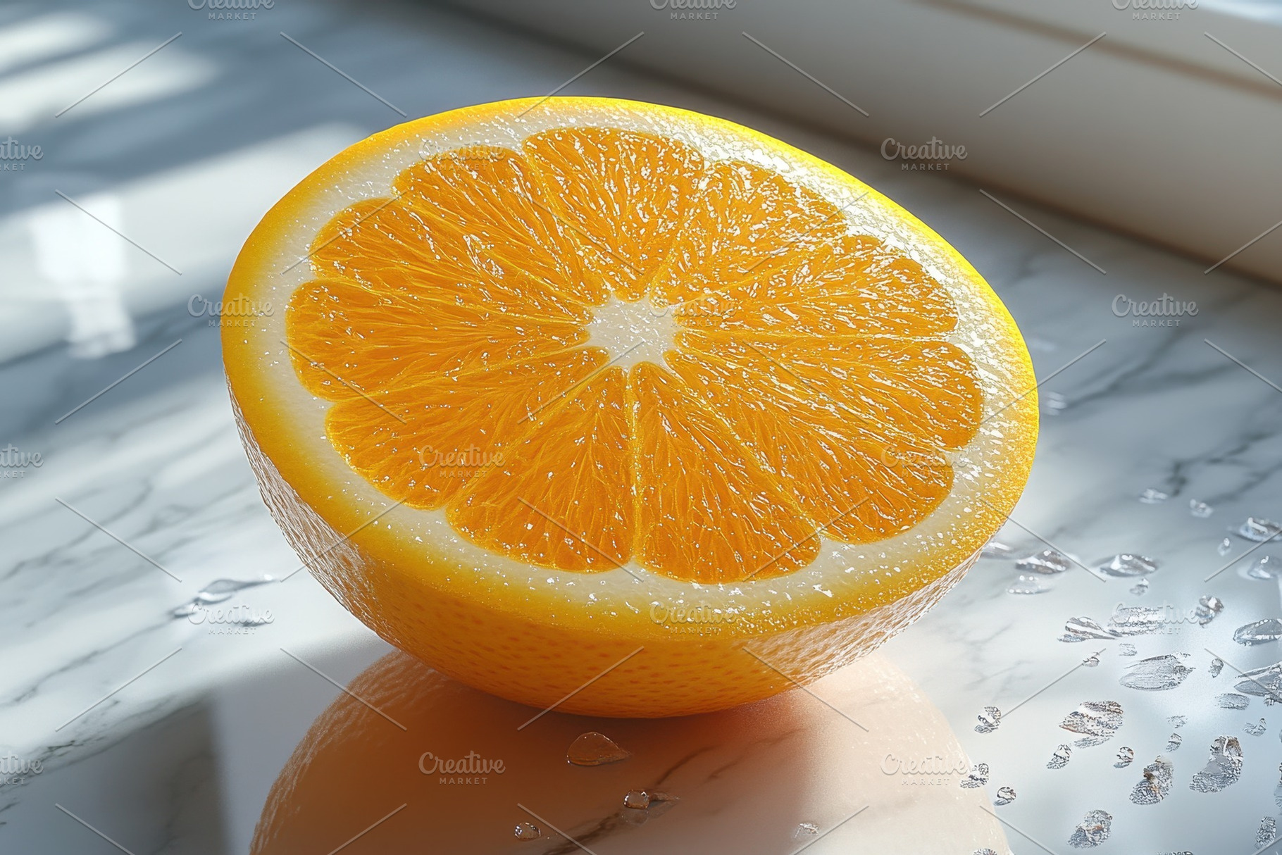 Freshly cut orange half resting on a, a Photo by Tanuart