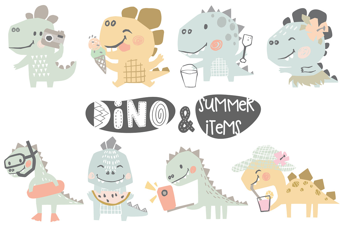 Dinosaurs on the beach. Kids vector, an Animal Illustration by MeadowFox (Photo 2 of 10)
