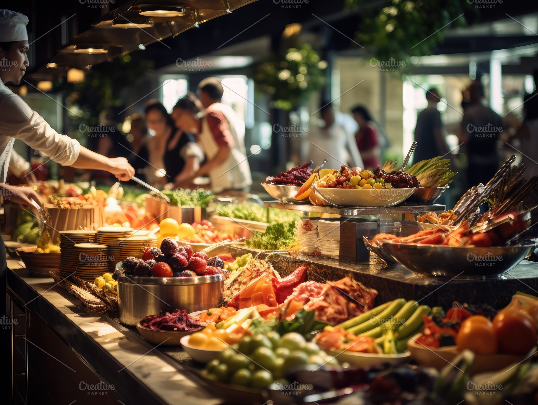 Enjoying buffet in restaurant, with, a Photo by SaroStock