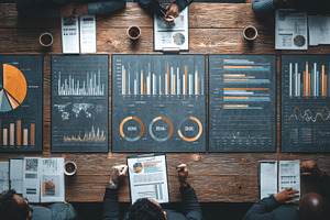 Team meeting discussing analytics and performance data with detailed business c, a Business Photo by AS photostudio