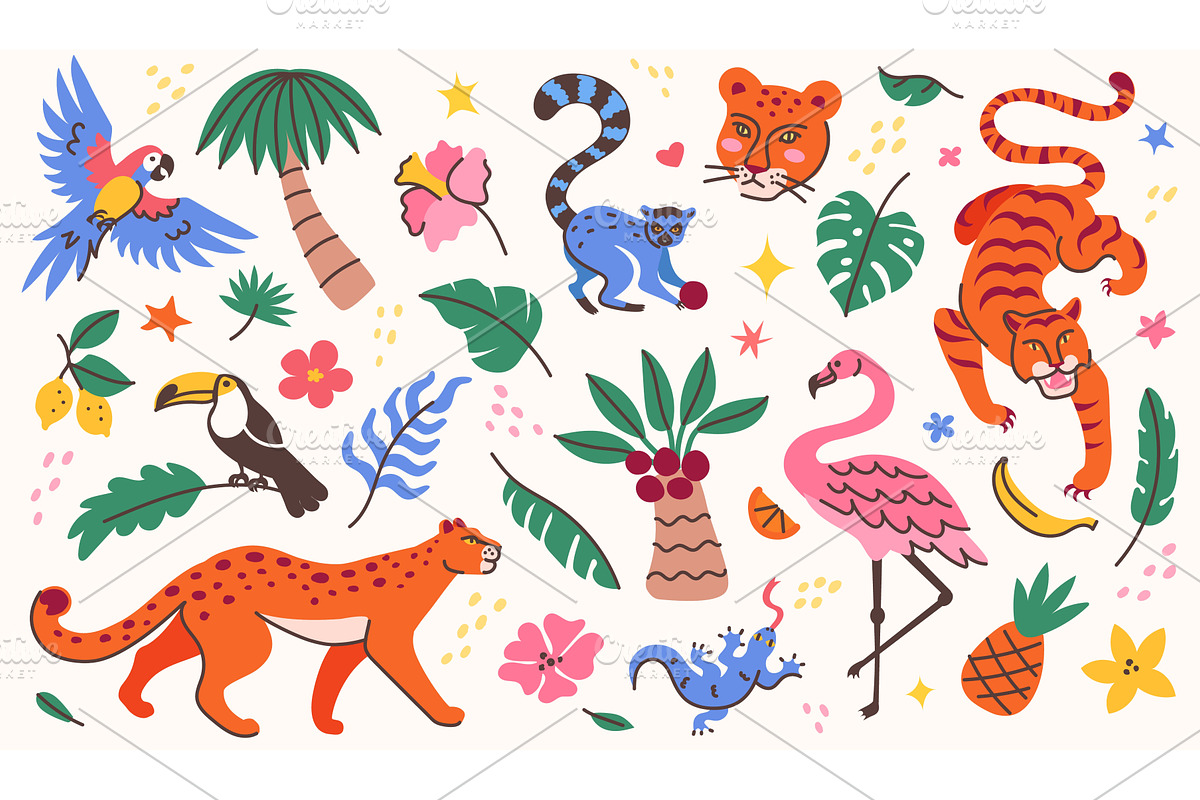Tropical animals and plants doodles, an Animal Illustration by winwin.art