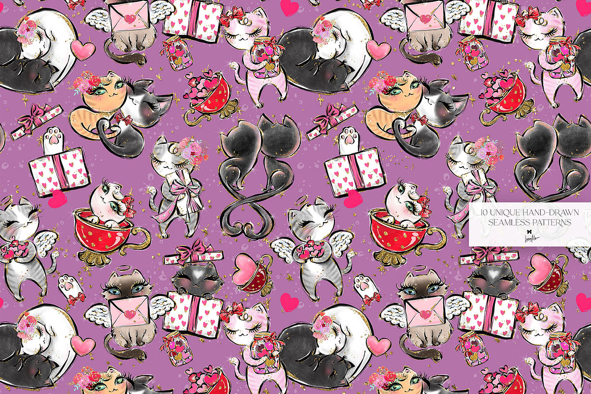 Valentine Cats Seamless Patterns Set, a Pattern Graphic by KaramfilaS (Photo 9 of 17)