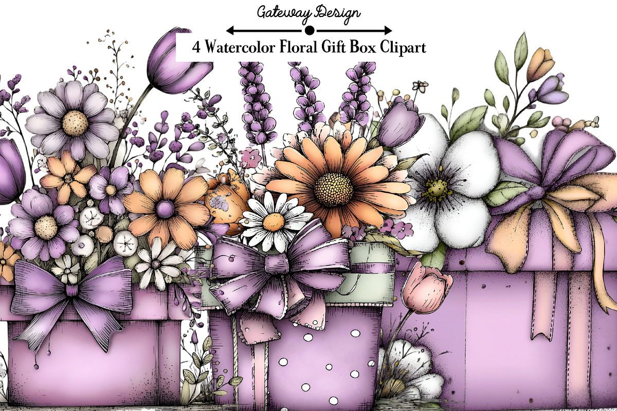 Watercolor Floral Gift Box Clipart, an Illustration by GatewayDesign (Photo 1 of 3)