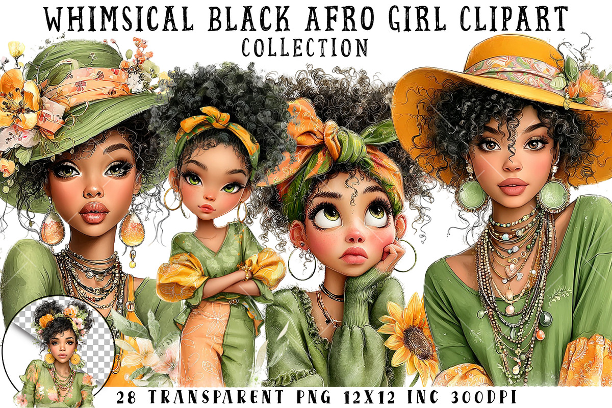Whimsical Black Afro Girl Clipart, an Illustration by OK Design (Photo 1 of 6)