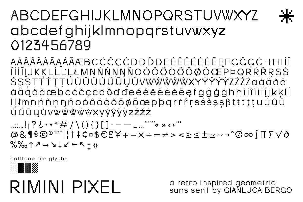 Rimini pixel - Geometric retro type, a Sans Serif Font by Gianluca_Bergo (Photo 6 of 6)