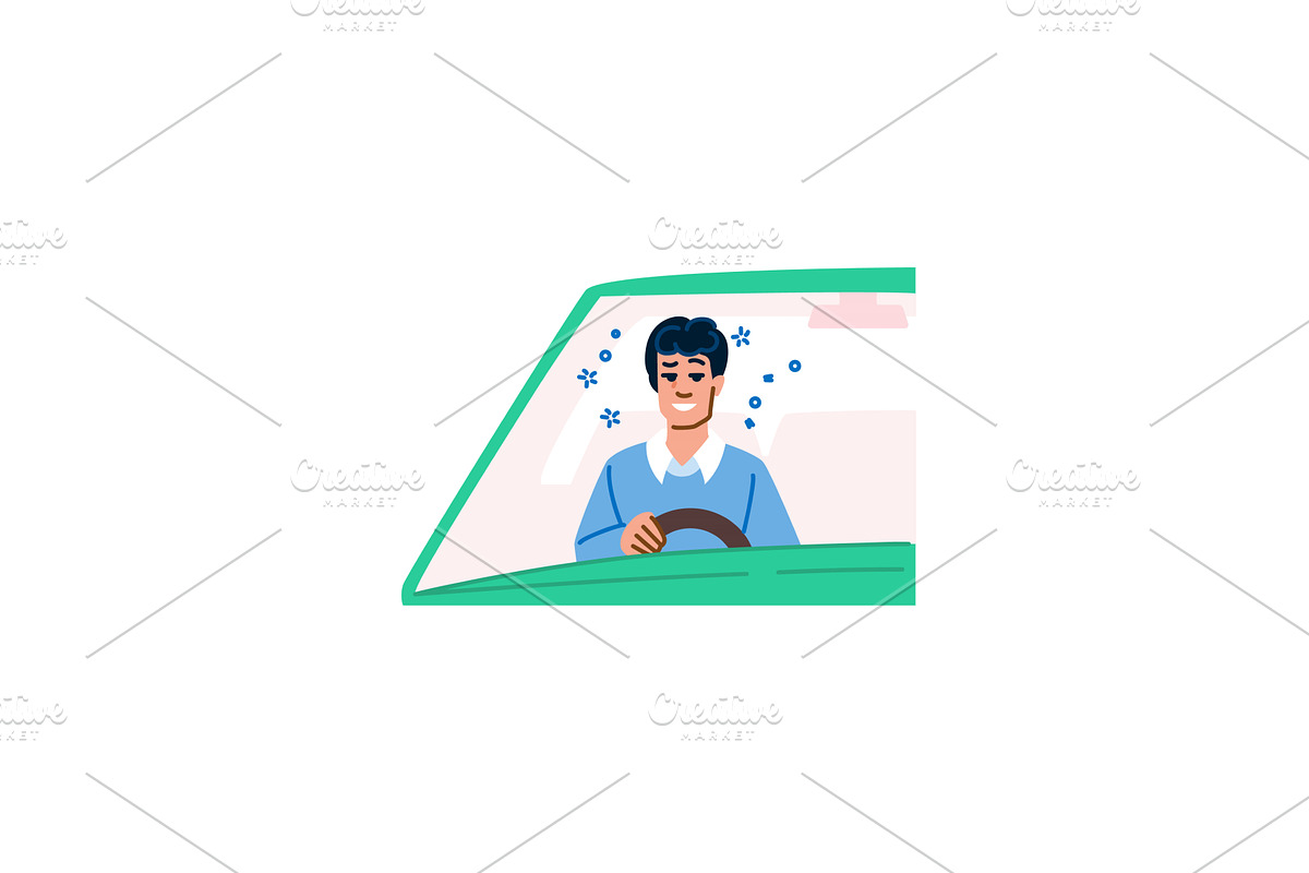 Happy man driving car enjoying trip, a Transportation Illustration by pikepicture