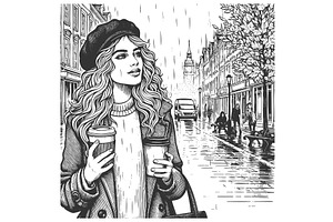 Stylish woman holding coffee on city, a Person Illustration by AlexArt