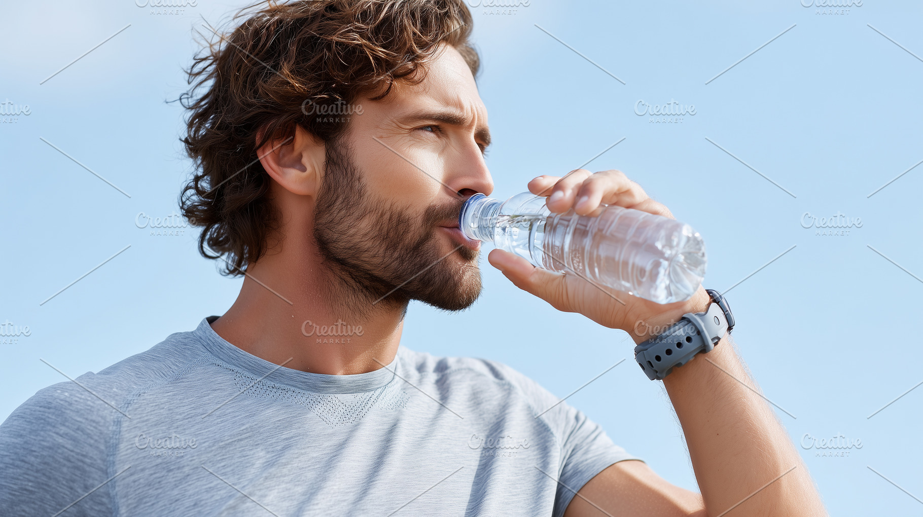 Young man drinking water from bottle, a Food & Drink Photo by MistyDay