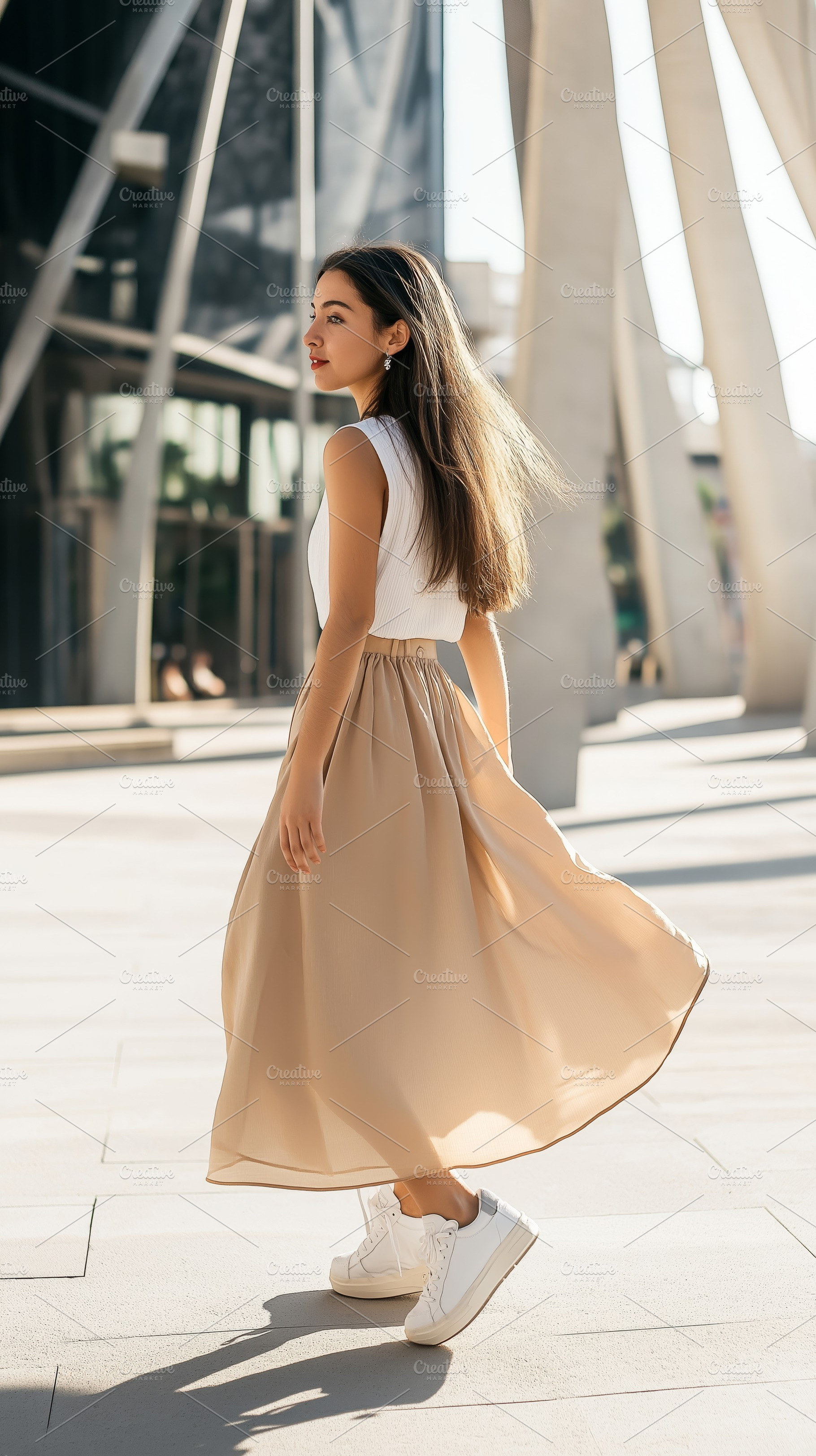 Woman in Flowing Skirt and Sneakers, a Person Photo by Ocean Digital Art