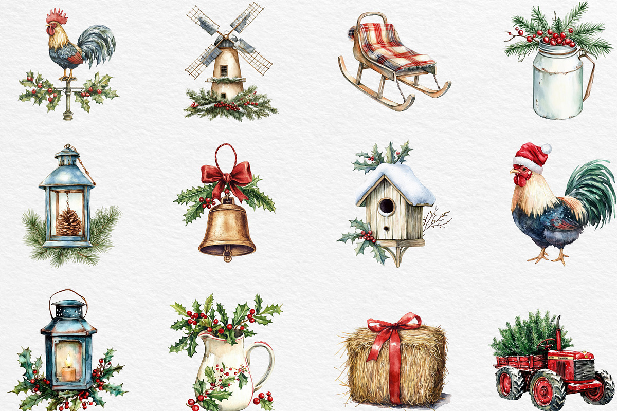 Vintage Christmas Farm Clipart, an Illustration by Black Bird Studio (Photo 4 of 6)