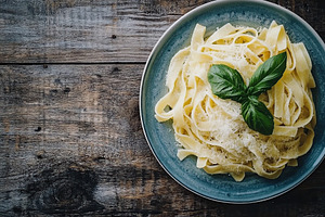 Creamy parmesan pasta garnished with fresh basil served on rustic wooden table, a Food & Drink Photo by AlyaAnd
