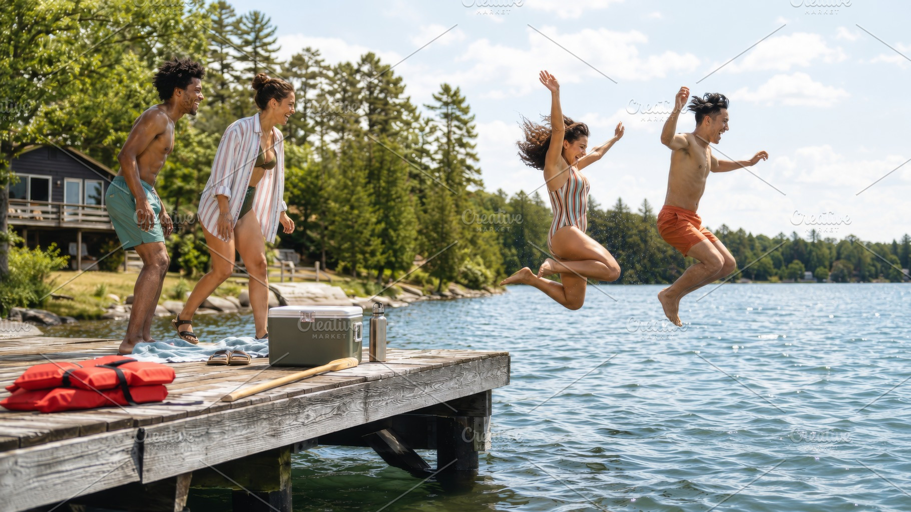 Group enjoying summer day jumping in, a Photo by Dvoevnore photos