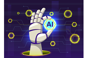 Robot arm holds processor labeled, a Technology Illustration by Vectorbuum
