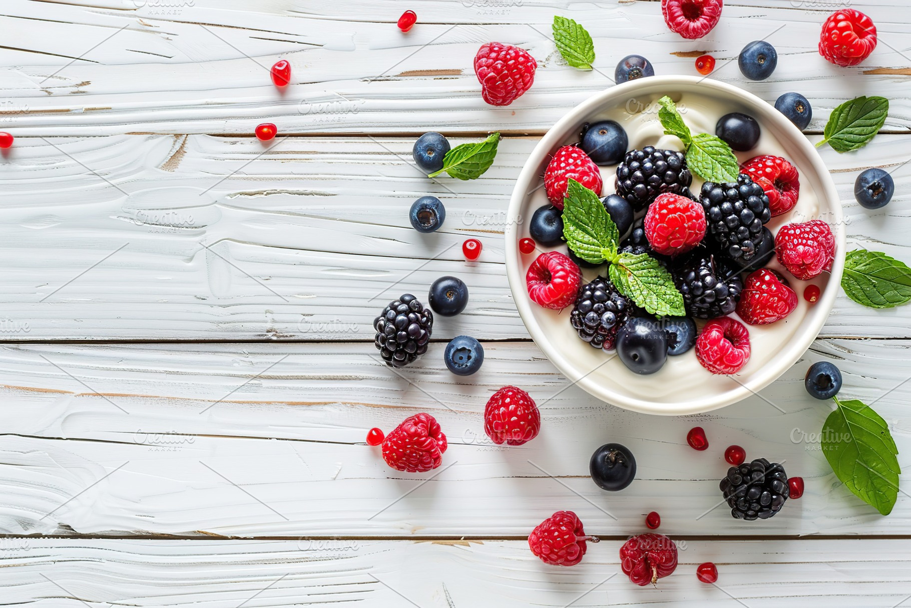 Bowl with white yogurt and ripe berries on wooden table, a Food & Drink Photo by AlyaAnd