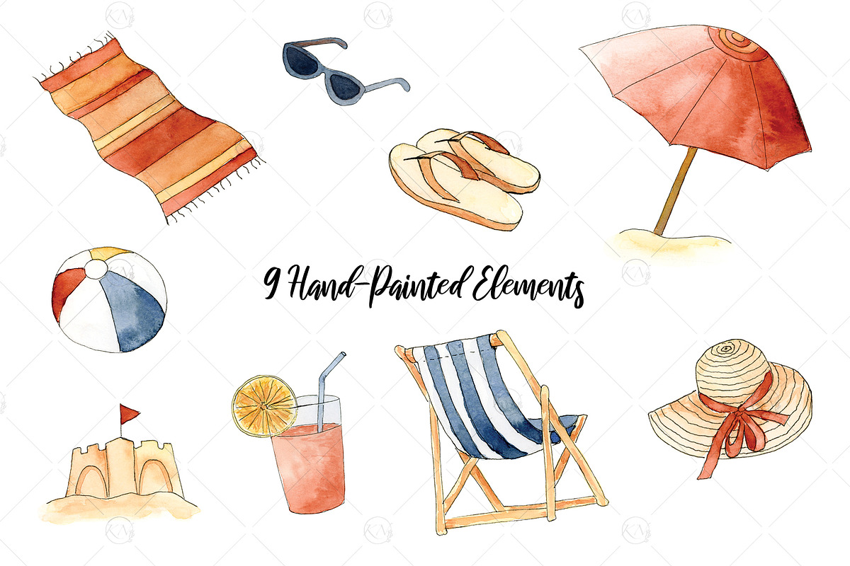 Watercolor Beach Day Graphics, a Food Illustration by Kileen Nicole Art (Photo 2 of 5)