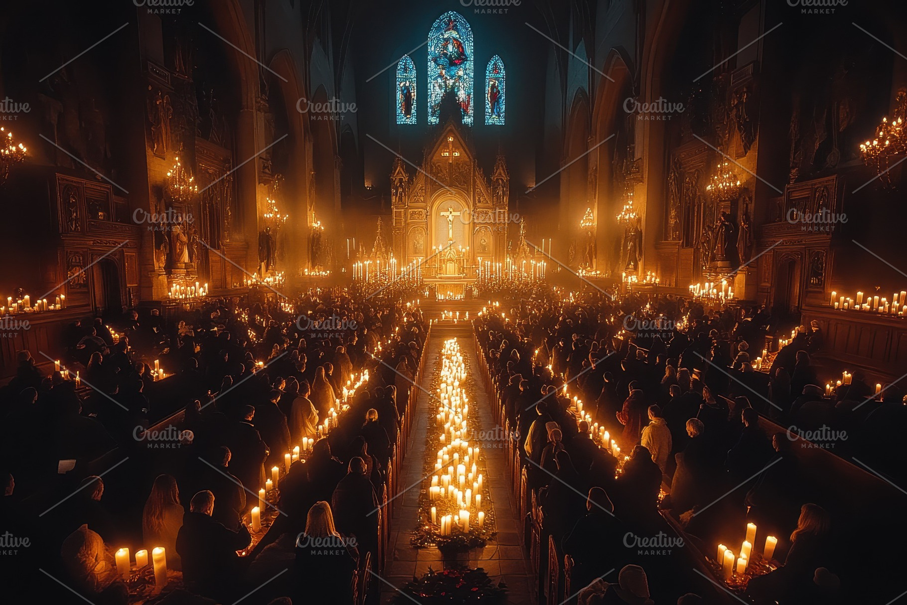 People gather in candlelit church fo, a Photo by Tanuart