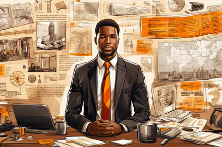 Confident Plus-Size African Businessman in Office with Documents and Laptop, a Photo by AS photostudio