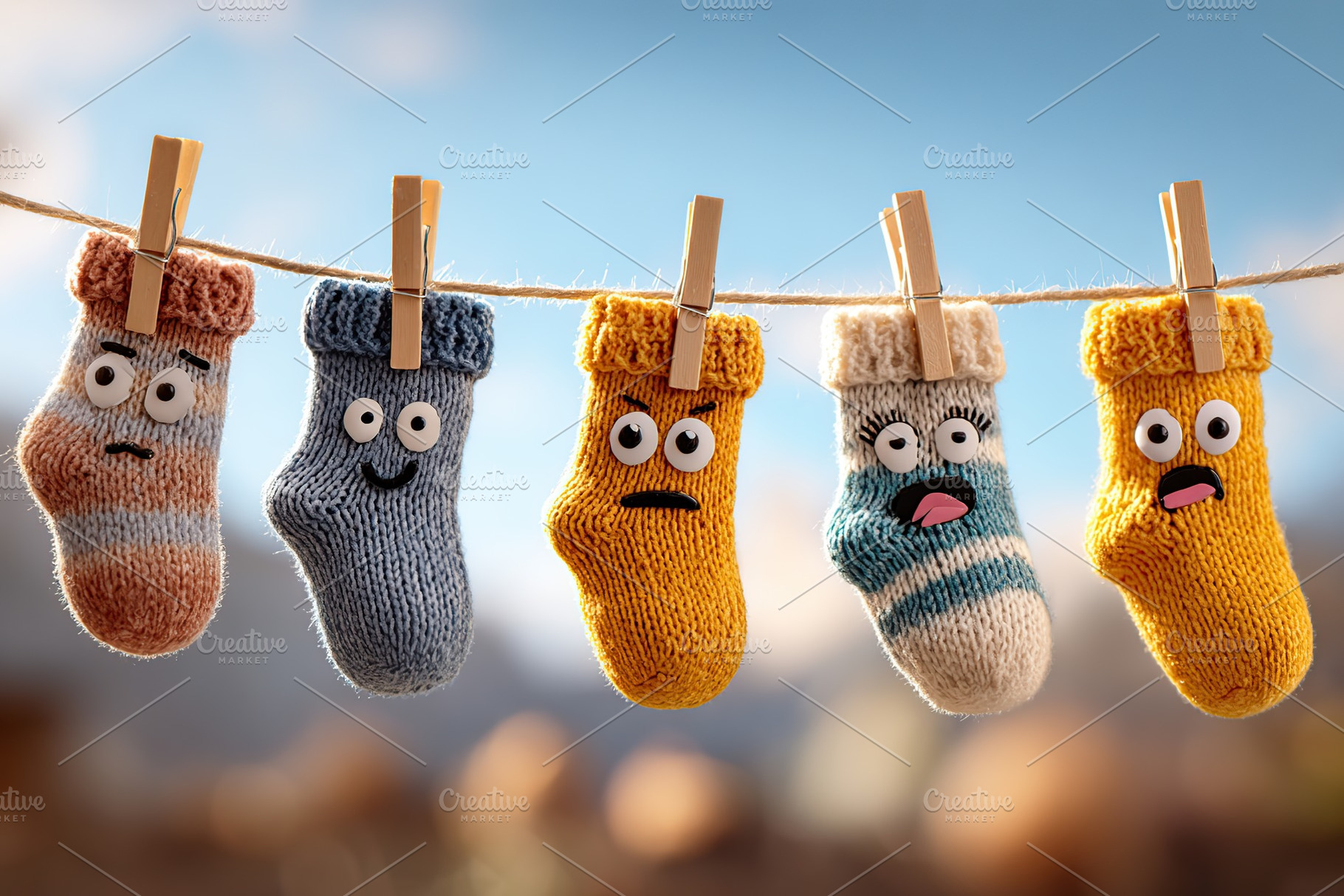 Colorful knitted socks hang on a clothesline under a bright sky in a playful di, a Photo by AlyaAnd