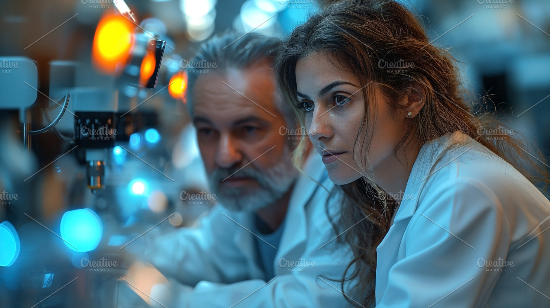 A focused young woman and an older man in lab coats analyze samples in a high-t, a Person Photo by ImageMir