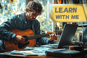 Young musician teaching guitar lessons online in a cozy creative workspace, a Photo by AS photostudio