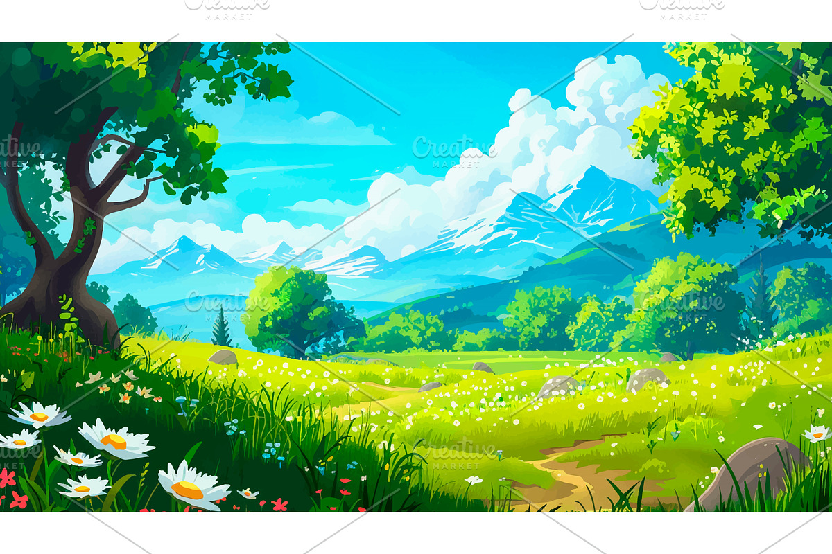 Blooming Meadows Cartoon Environment, an Illustration by LadadikArt