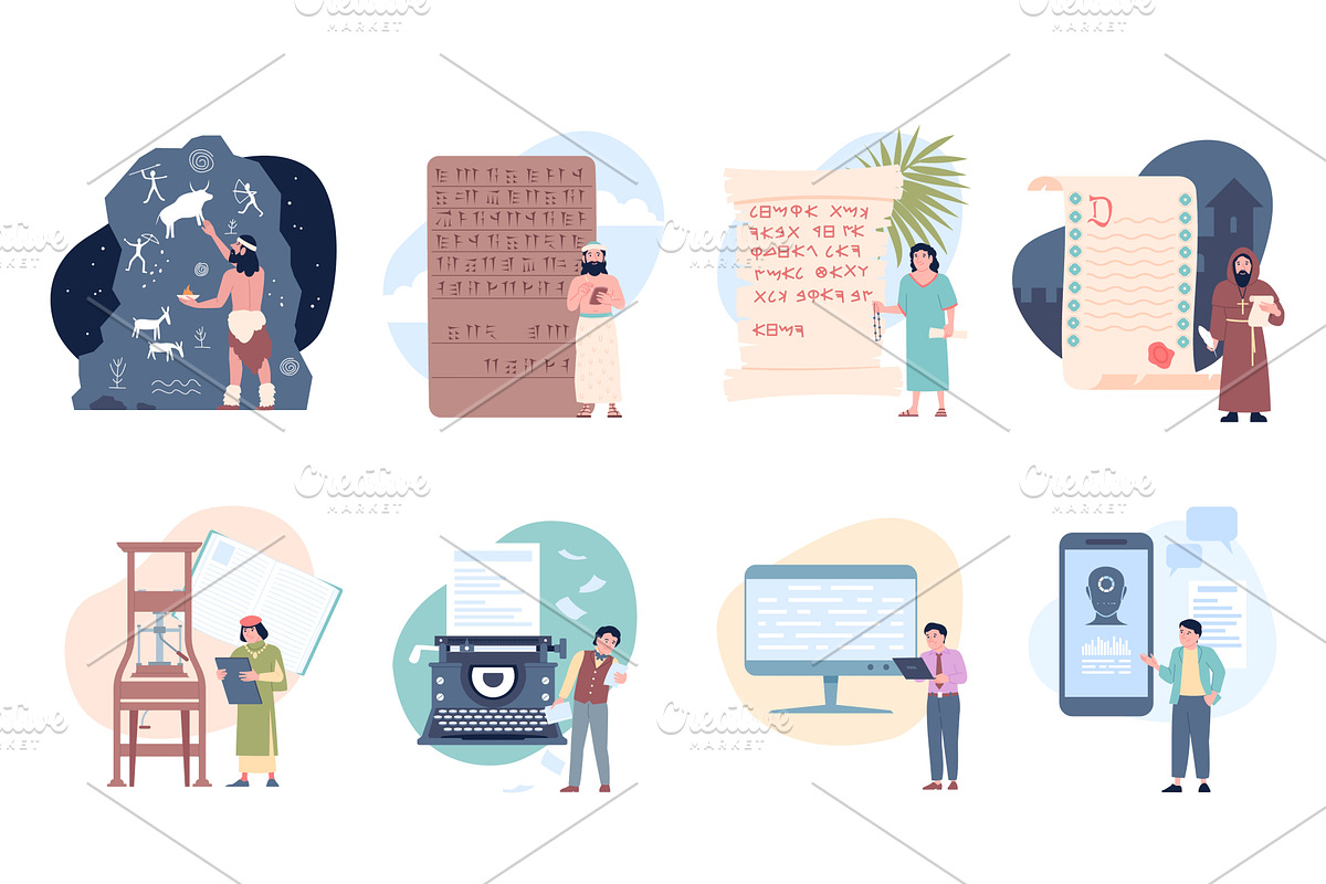 Evolution of writing. Development of, a Technology Illustration by ...