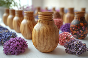 Exquisite wooden bottles surrounded, a Photo by Tanuart