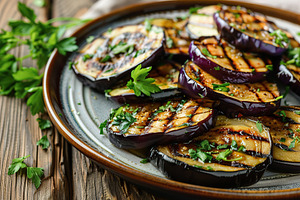 Grilled eggplants in plate on wooden table, a Food & Drink Photo by AlyaAnd