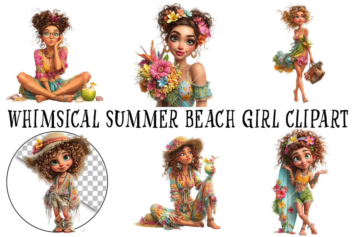 Whimsical Summer Beach Girl Clipart, an Illustration by OK Design (Photo 3 of 6)