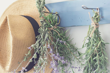 Hanging herbs next to hat