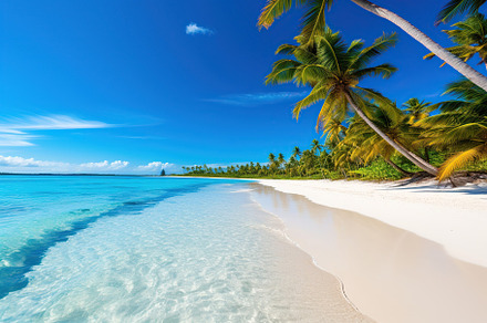 Illustrative of tropical beach with ocean, blue sky, green palm trees and white, a Nature Photo by AlyaAnd