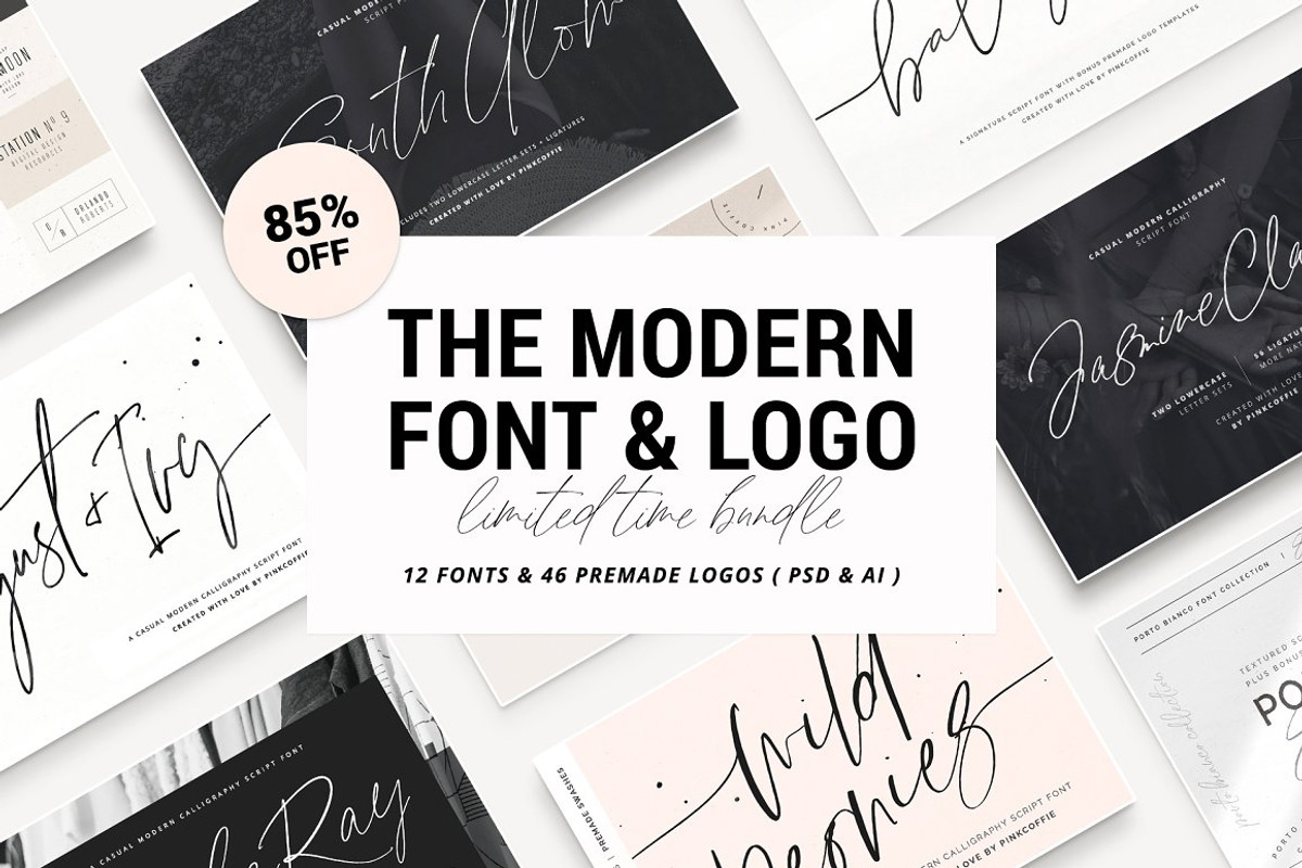 Modern Font & Logo Bundle - 85%Off, a Script Font by Pink Coffie (Photo 1 of 65)