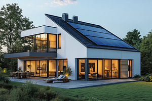 A modern house with large glass windows and solar panels on the roof, surrounde, an Industrial Photo by Textures & Backgrounds