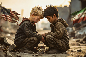 Children Amid War Ruins and Symbolic Flags, an Abstract Photo by Davizro's Market