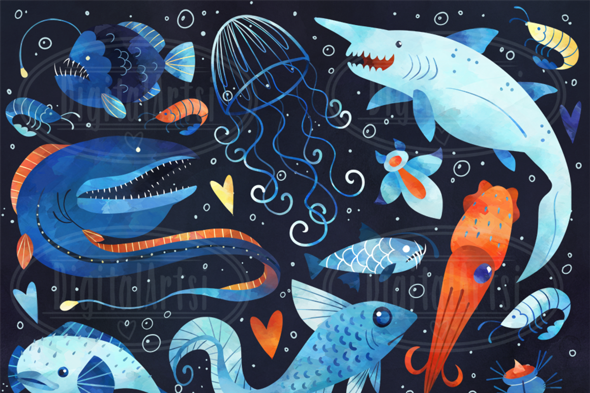 Watercolor Deep Sea Creature Clipart, an Animal Illustration by DigitalArtsi (Photo 2 of 3)