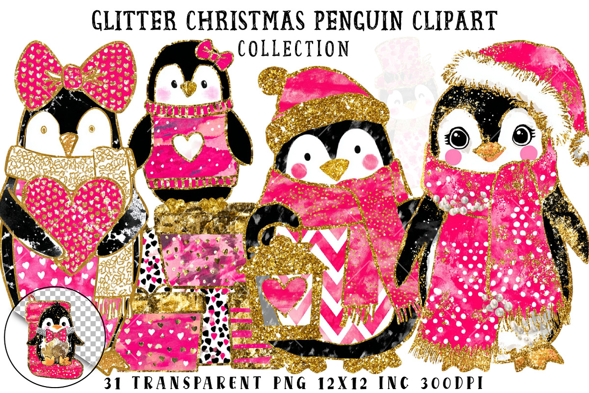 Glitter Christmas Penguin Clipart, an Illustration by OK Design (Photo 1 of 6)