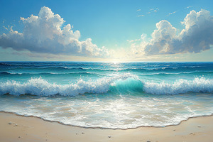 Waves crashing on sandy beach with c, a Photo by Tanuart