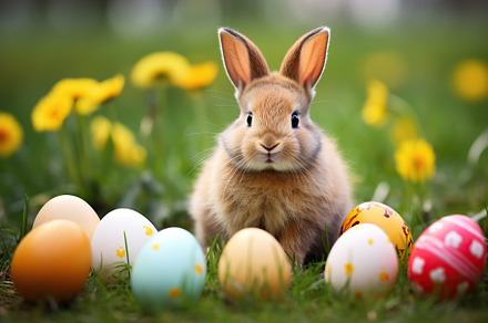Beautiful bunny with colorful easter eggs on green grass, a Holiday Photo by AlyaAnd