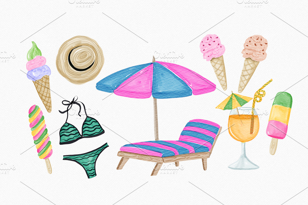 Watercolor Summer Pool Party Set, an Illustration by MiracleArtAndDesign (Photo 3 of 3)