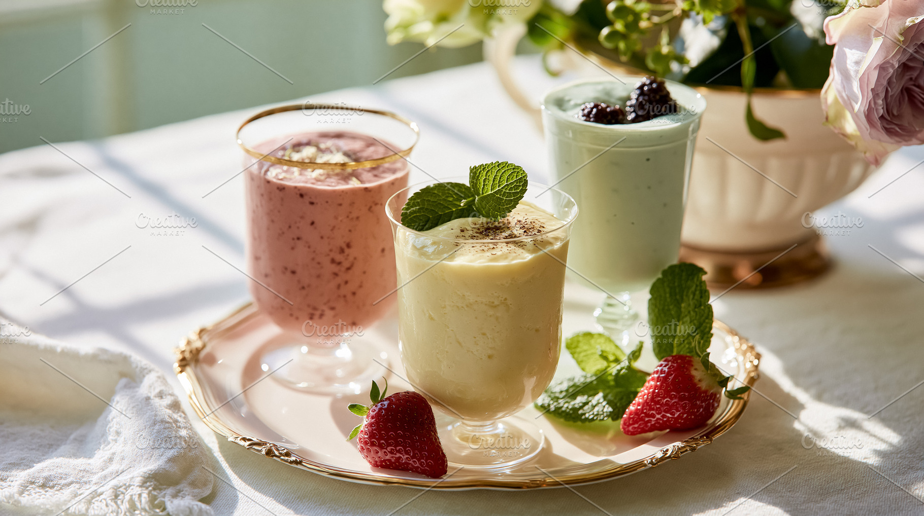 Refreshing fruit smoothies, mixed berry, banana, and mint, on a sunlit table ce, a Photo by Studio ANNA
