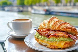 Croissant sandwich with meat, cheese, vegetables and white cup of coffee on woo, a Food & Drink Photo by AlyaAnd