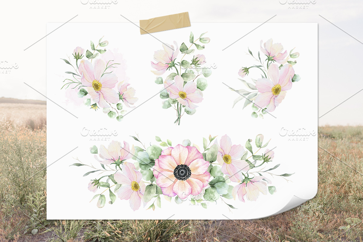 Pink Flowers Watercolor clip art, an Illustration by Fedulova Art (Photo 3 of 12)