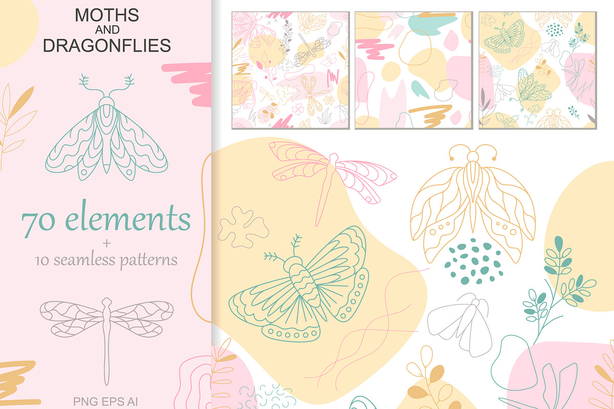 Moths and Dragonflies set & patterns, a Background Graphic by Svetlana Avv (Photo 1 of 7)