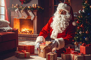 Santa claus placing gifts under the christmas tree, a Holiday Photo by DanFLCreativo