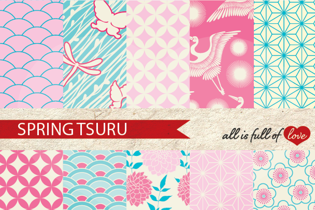 Spring Tsuru Japanese Patterns Set